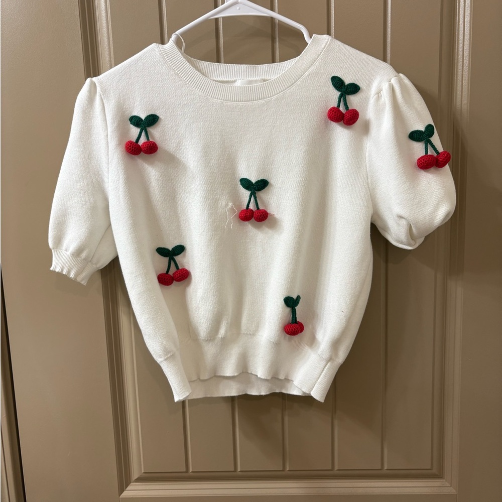 Cherry Embellished White Sweater Cardigan